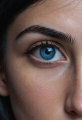 A close up of blue eye looking away, black hair above eye brows, dark room, mean gritty