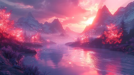 A breathtaking digital art piece showcasing a virtual reality dreamscape, where ethereal wireframe mountains float amidst a sky filled with digital auroras.