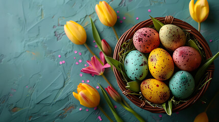 Easter background, Easter basket with colorful easter eggs and tulips, high resolution graphic source, 16:9, 1920*1080