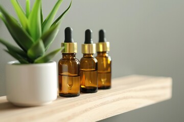 Three serum bottles in middle with plant on shelf.