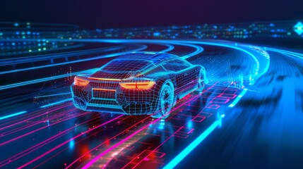 Future technology in safe car movement, driving without a driver, and artificial intelligence recognition of artificial obstacles on the road - obrazy, fototapety, plakaty