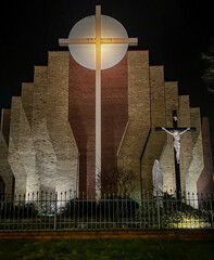 Parish of the Most Holy Body and Blood of Christ in Czestochowa, Poland. View of the church from the outside at night. 
