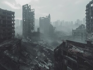 Dystopian cityscape, survival among ruins - obrazy, fototapety, plakaty