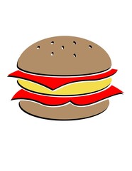 A burger with a red and yellow patty and a bun