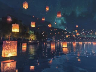 Floating lantern festival in the digital age, lights and pixels ascend