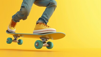 Cartoon illustration showing cartoon character legs and skateboard on yellow background, extreme freestyle skateboarding trick, illustration of an active lifestyle with sport - obrazy, fototapety, plakaty