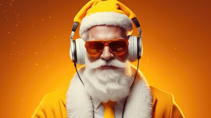  Festive Santa with Headphones, modern Santa Claus enjoys the beat with headphones on, representing a festive twist on holiday traditions.