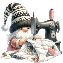 Cute gnome sewing a quilt. Transparent background.