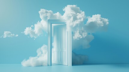 Three-dimensional rendering of white fluffy clouds flying through an open door, isolated on a serene blue background. Abstract metaphor of the door to a refuge, modern minimal concept. Surreal dream - obrazy, fototapety, plakaty