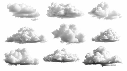 This is a 3D render of abstract fluffy white clouds isolated on a white background. Weather forecast symbol. Cumulus clip art set collection. Sky design elements.