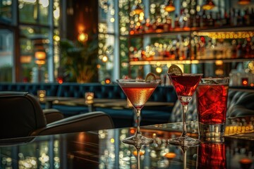 A set of three different alcoholic cocktails with slices of lemon or orange on the table in a chic expensive restaurant. Drinks for the rich and wealthy - obrazy, fototapety, plakaty