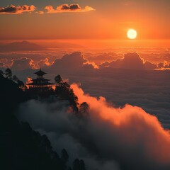Himalayan monastery at sunrise, peace above clouds - obrazy, fototapety, plakaty