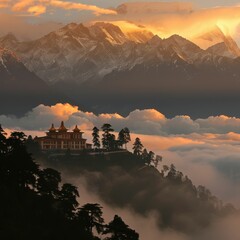 Himalayan monastery at sunrise, peace above clouds - obrazy, fototapety, plakaty