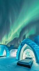 Obraz na płótnie Canvas Ice hotel under the northern lights, magical frosty escape