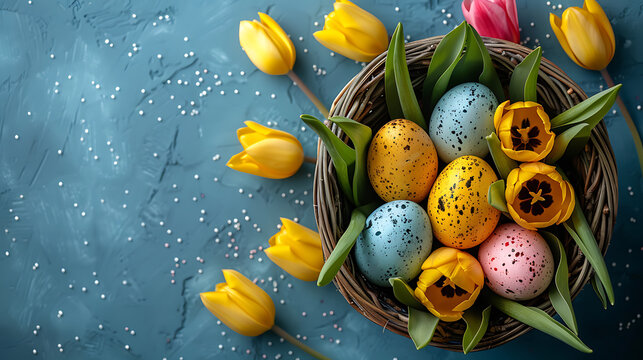 Easter background, Easter basket with colorful easter eggs and tulips, high resolution graphic source, 16:9, 1920*1080