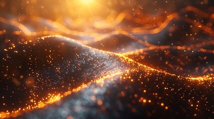 Naklejka premium A dynamic, abstract representation of a blockchain transaction, visualized as streams of light and data flowing between interconnected blocks.
