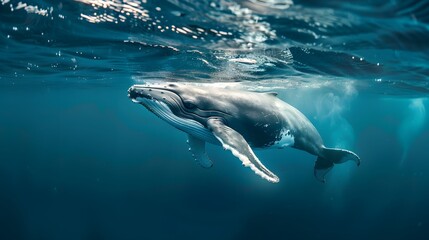 Whale swimming underwater in the ocean. 3D Rendering. A Baby Humpback Whale Plays Near the Surface in Blue Water, AI Generated