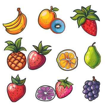 A set of fruit drawings, including apples, bananas, strawberries, and grapes. The drawings are colorful and lively, with each fruit having a unique shape and size.. Generative AI
