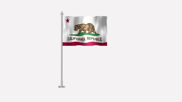 Flag of California , Pole flag of California  on white screen, USA States California  3D Animation flag waving in the wind isolated on white Background. 
