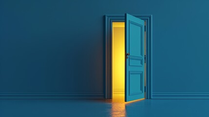 3D render of an open blue door isolated on a blue background with yellow light streaming through the slot. Architectural design element. Modern minimal concept. Opportunity metaphor.