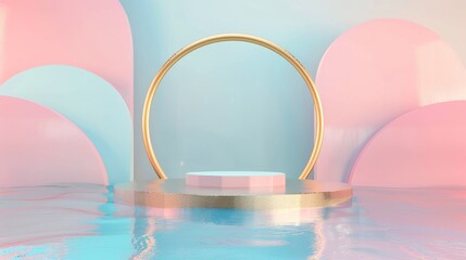 Obraz na płótnie Canvas Abstract modern minimal pink blue background with an empty hemisphere podium, golden arch frame, reflection in the water on the wet floor. Showcase with space for displaying products.