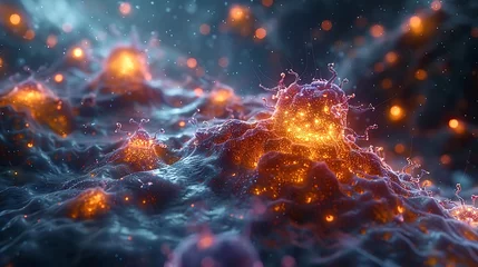 Fotobehang A highly detailed visualization of a nanotechnology swarm in a medical context, showing tiny, illuminated nanobots converging around human cells to repair tissue damage. © LuvTK