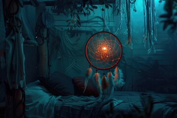 A dream catcher glowing at night