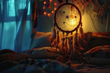 A dream catcher glowing at night