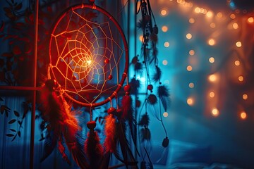 A dream catcher glowing at night