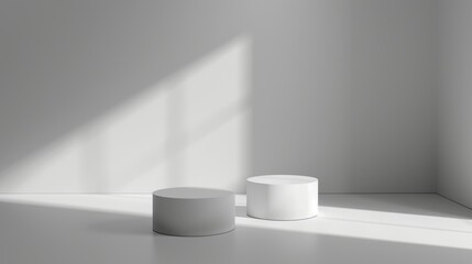 Modern minimal showcase scene with two empty cylinder pedestals for product showcasing in 3D. Abstract grey background.
