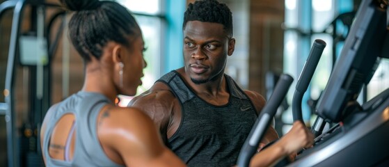 Fitness instructor offering encouragement to a woman exercising on a crosstrainer