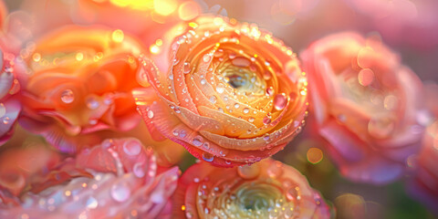 Sunlit Orange Ranunculus Rose with Morning Dew