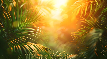 Fototapeta na wymiar Summer tropical background, green palm leaves and sky with space for text