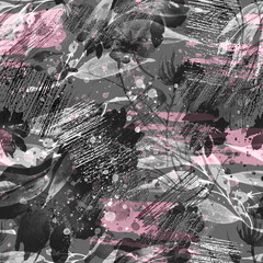 Watercolor seamless pattern, background with a floral pattern. aster, poppy, cornflower,pansies, viola, field or garden flowers. Wild plant, grass. Abstract spots, strokes. Fashion background

