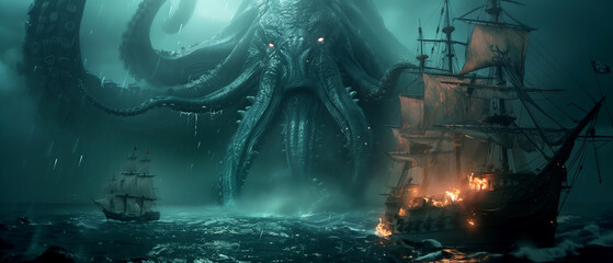 Kraken attack and sinking the pirate ship in the middle of the dark ocean, fantasy illustration, massive tentacles - obrazy, fototapety, plakaty