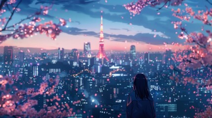 Classic 1990s anime style girl, with Tokyo skyline at dusk, neon lights and cherry trees, nostalgic feel