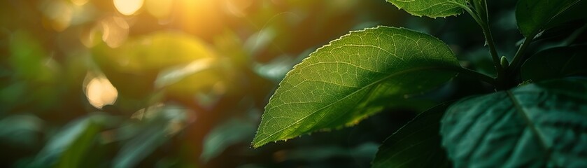 Close-up green leaves, sunlight through foliage, hope in decarbonization era