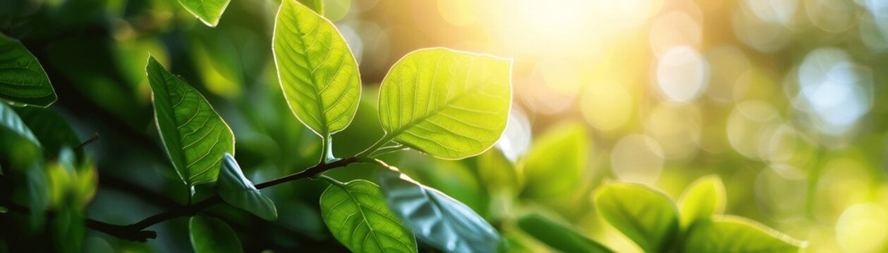 Close-up green leaves, sunlight through foliage, hope in decarbonization era