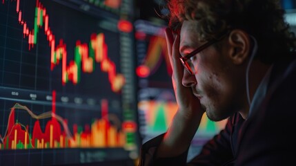 Desperate investor monitoring steep declines in stock market, bear market turmoil, dramatic lighting, emotional impact