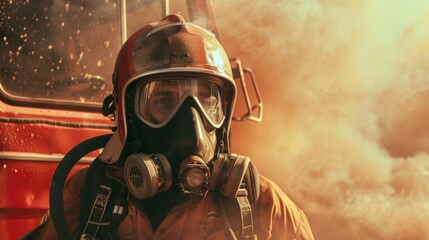Fototapeta premium Firefighter with helmet, in action pose in front of red truck, smoke swirls around, essence of danger and courage