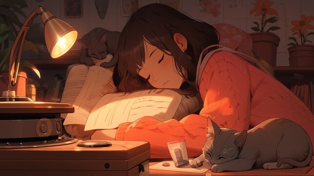 Cozy evening setting, anime girl at her desk with lo-fi vinyl playing, cat sleeping beside, mood lighting, peaceful vibe