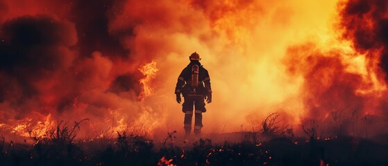 Silhouette of fireman, towering flames and smoke behind, symbolizing heroism in face of natural disaster - obrazy, fototapety, plakaty