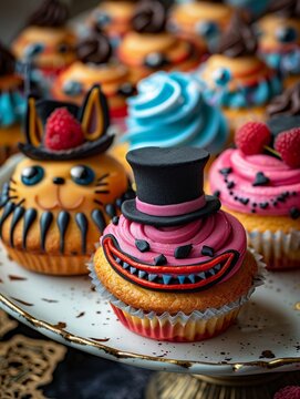 Alice in Wonderland tea party pastries, featuring Cheshire Cat smiles and Mad Hatter hats for whimsical fun ,close up