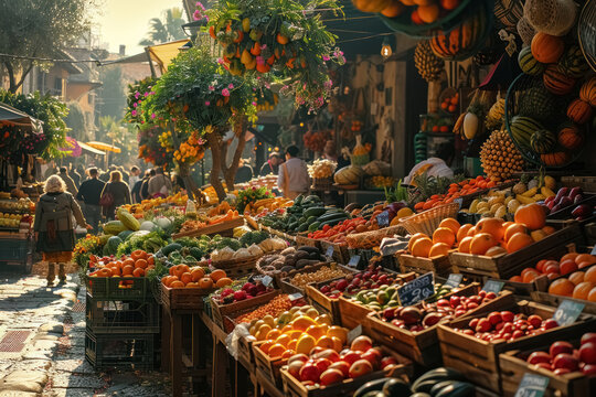 bustling marketplace with fresh organic fruits and vegetables on display in the golden hour