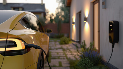 Electric vehicle charging at home with blurred background - obrazy, fototapety, plakaty