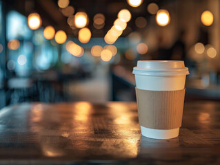 Takeaway Coffee Cup on Wooden Table in Cafe with Bokeh Lights