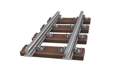 Rails and wooden sleepers. Railway track on a 3D illustration on a transparent background. A road with guide rails for train traffic