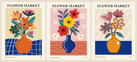 Set of abstract flower market posters. Trendy botanical wall arts with floral design in vivid bright colors. Modern naive groovy funky interior decorations, paintings. Vector art illustration.