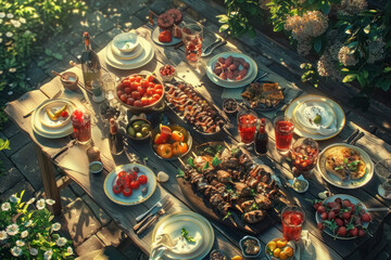 sunlit garden feast, a vibrant display of fresh and grilled foods on a rustic wooden table