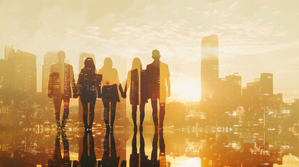 teamwork, double exposure silhouette team task force walking business people men women hands together and modern city background, unity, diversity - obrazy, fototapety, plakaty